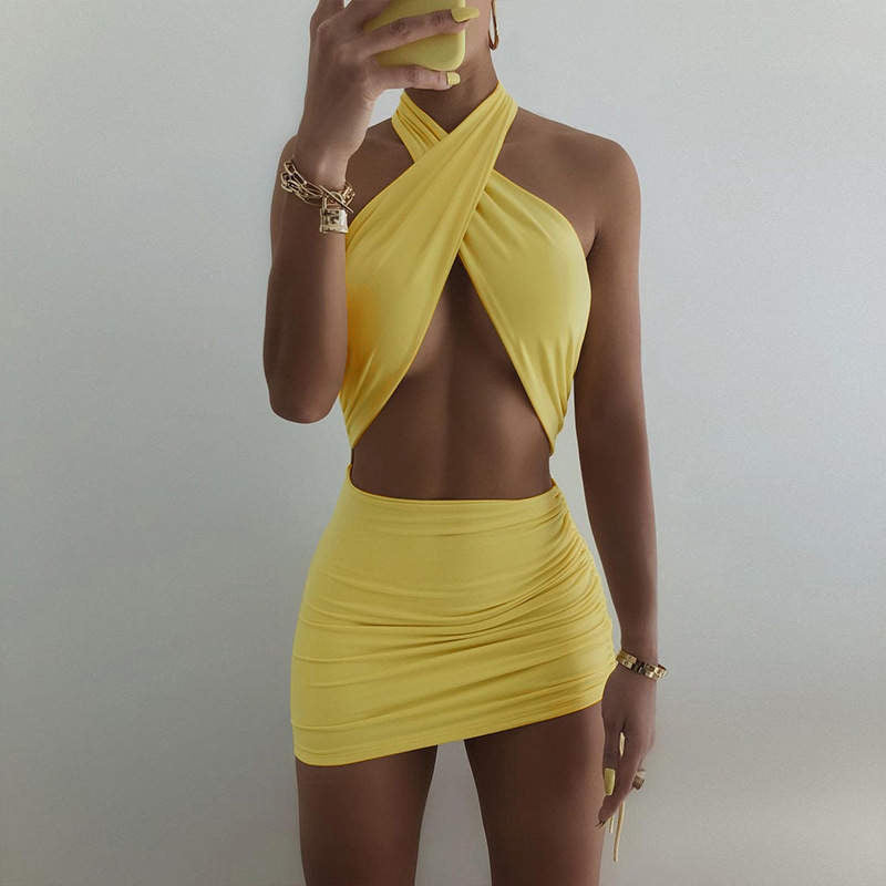 Evelyn Criss Cross Halter Dress Yellow – Shop Sierra Sprague