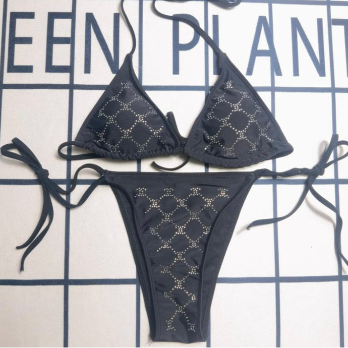 IN STOCK G Black Rhinestone Bikini