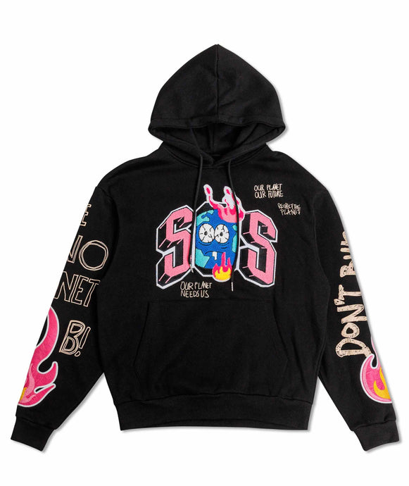 BLACK SAVE OUR PLANET CHENILE PATCH HOODIE