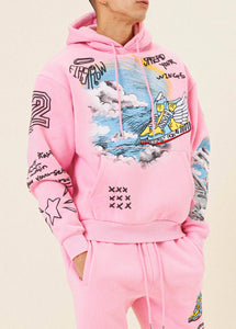 PINK FLYING SNEAKER DRAWING HOODIE