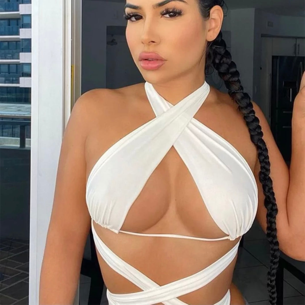 Jordyn Criss Cross Halter Top White
