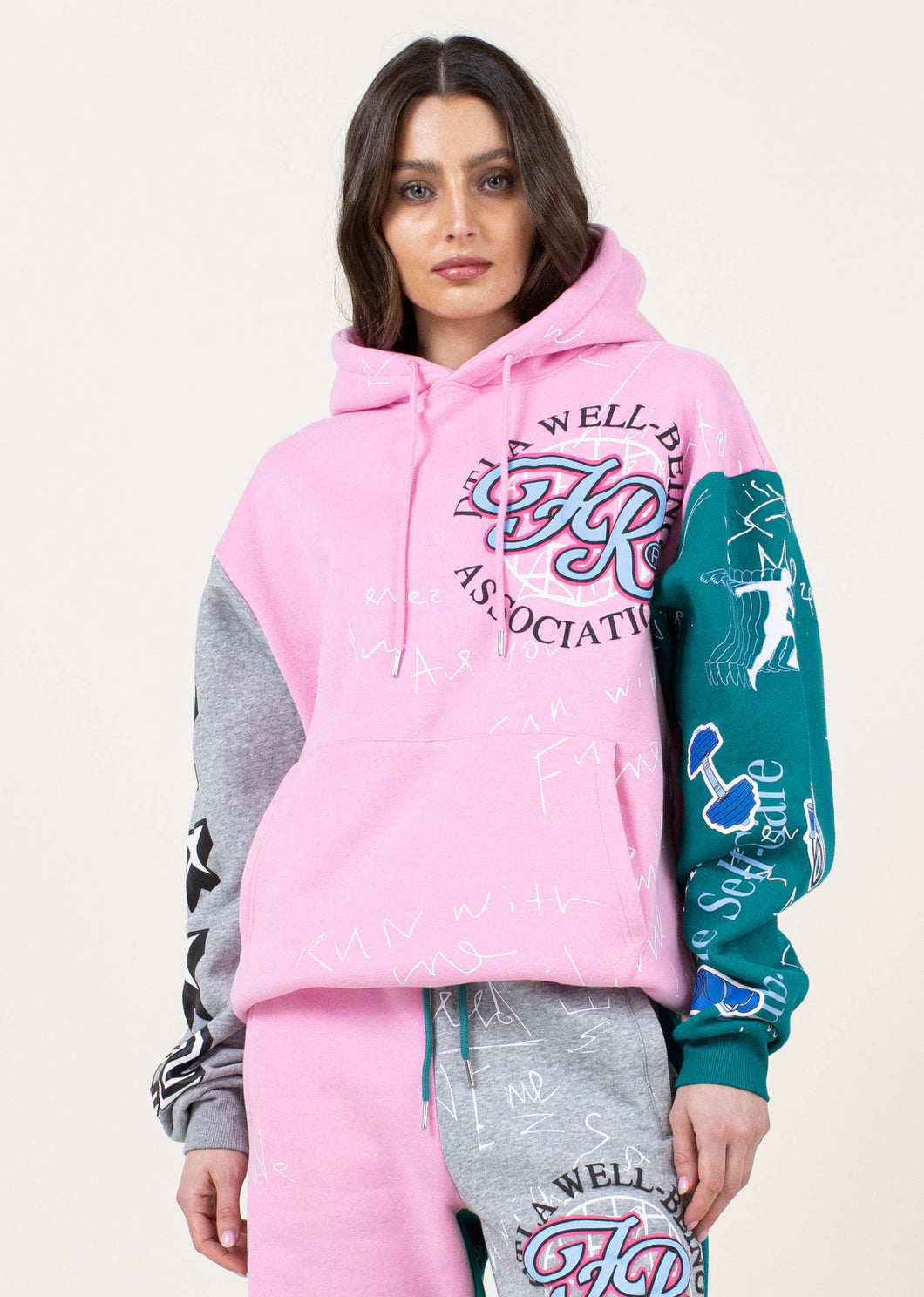 PINK, GREEN AND GREY COLOR BLOCK WELLBEING ASSOC HOODIE