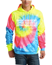 Load image into Gallery viewer, NEON RAINBOW TIE DYE &quot;SUPPORT YOUR FRIENDS&quot; HOODIE